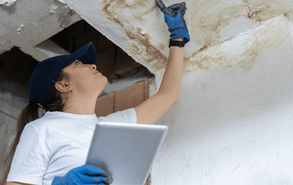 Female worker assessing the water damage stains on the ceiling